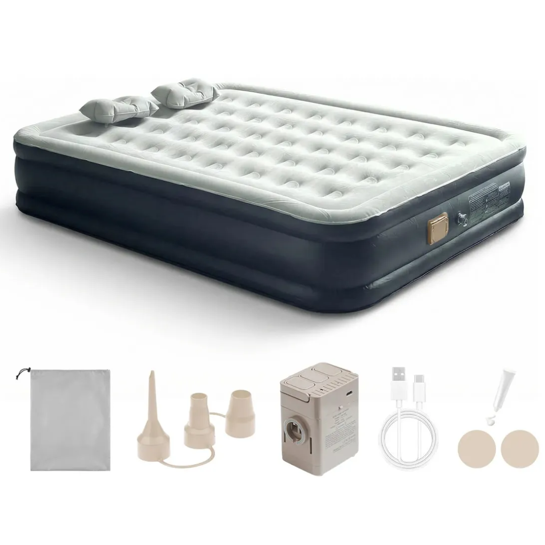 Colchón Inflable Eléctrico Queen 2 Plazas + 2 Almohadas de Regalo 🎁 Bomba Recargable con Luz | Gris/Negro