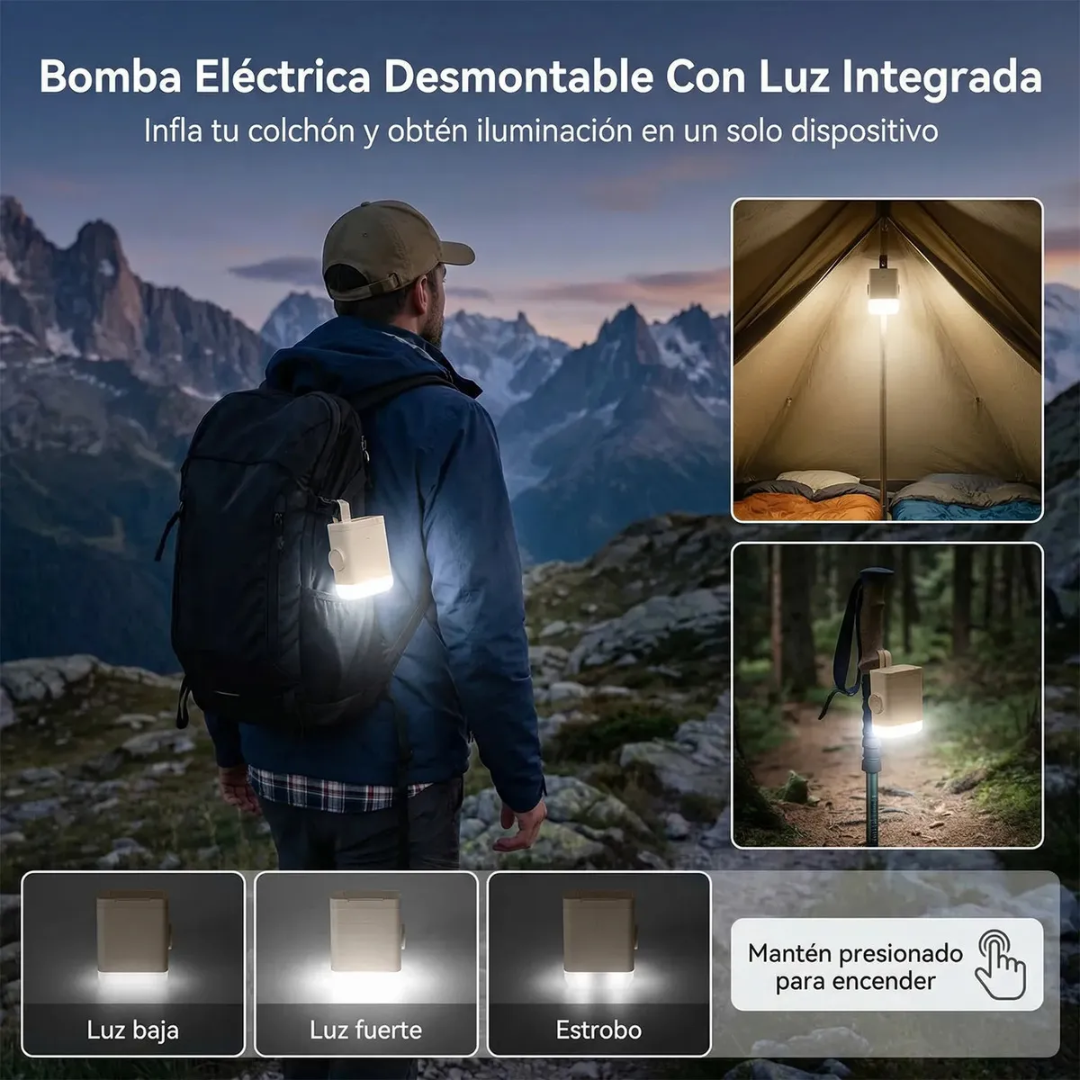 Colchón Inflable Eléctrico Queen 2 Plazas + 2 Almohadas de Regalo 🎁 Bomba Recargable con Luz | Gris/Negro